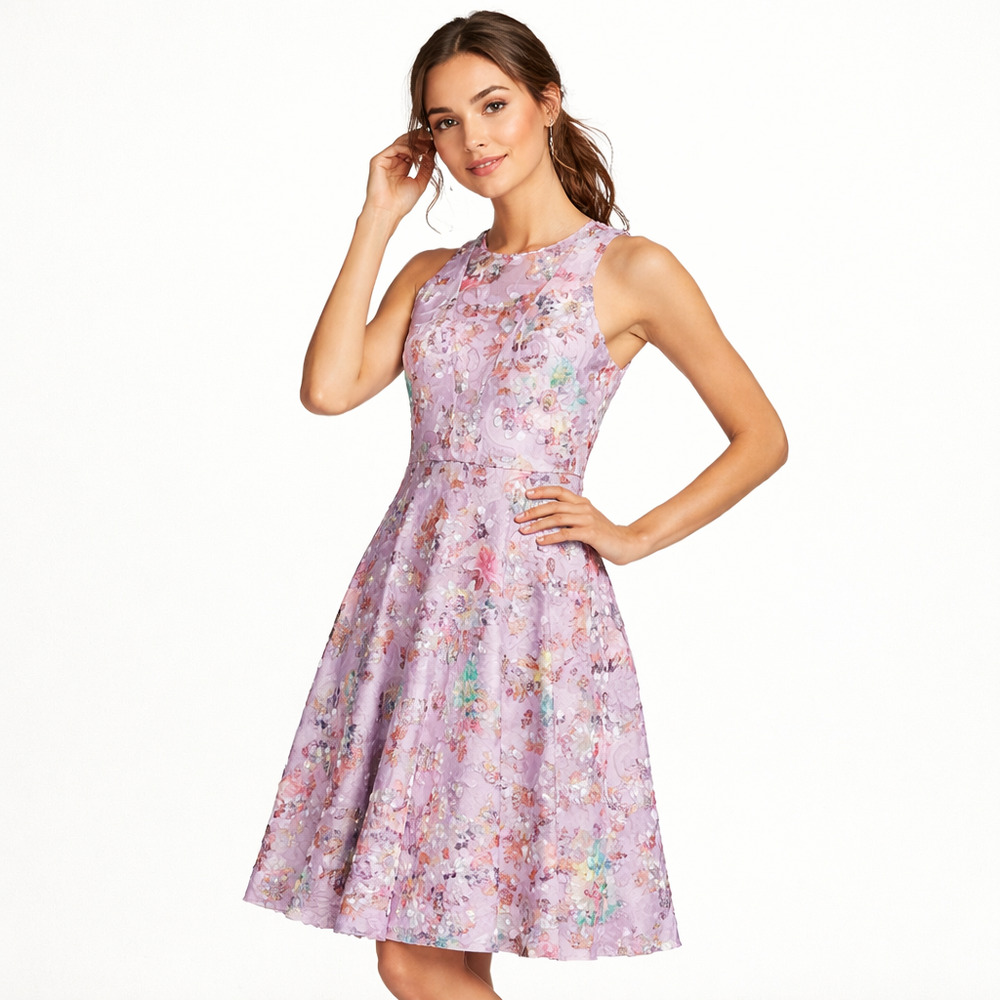 Belle Badgley Mischka Nadia Dress Floral Sleeveless A-line Cocktail Lilac Size 6